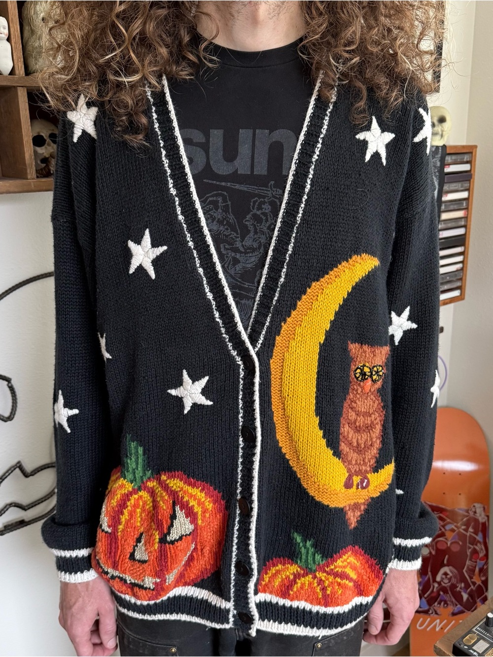 Vintage 90s Marisa Christina Hand-Knit Halloween Cardigan Sweater ~ Size Large